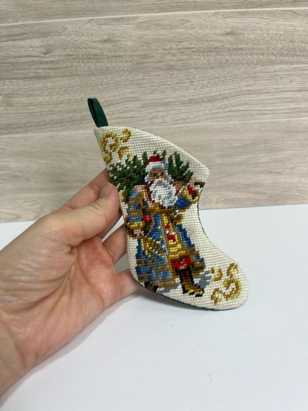 Vintage Santa Claus Mini Needlepoint Petite Point Christmas Stocking Ornaments